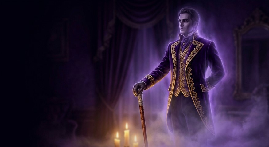 Dark purple gaming interface with spooky card symbols and badges